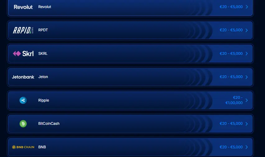 Boomerang Bet payment methods including Revolut, Skrill, Jeton, and crypto