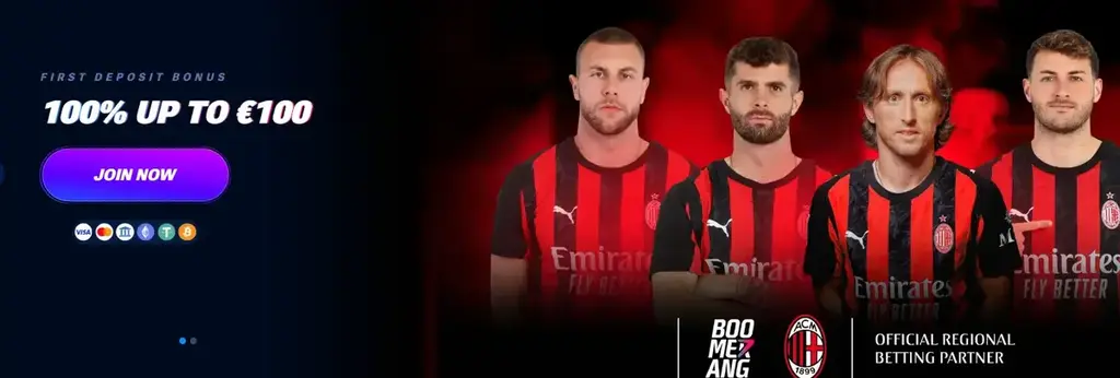 Boomerang Bet sports first deposit bonus 100% up to €100