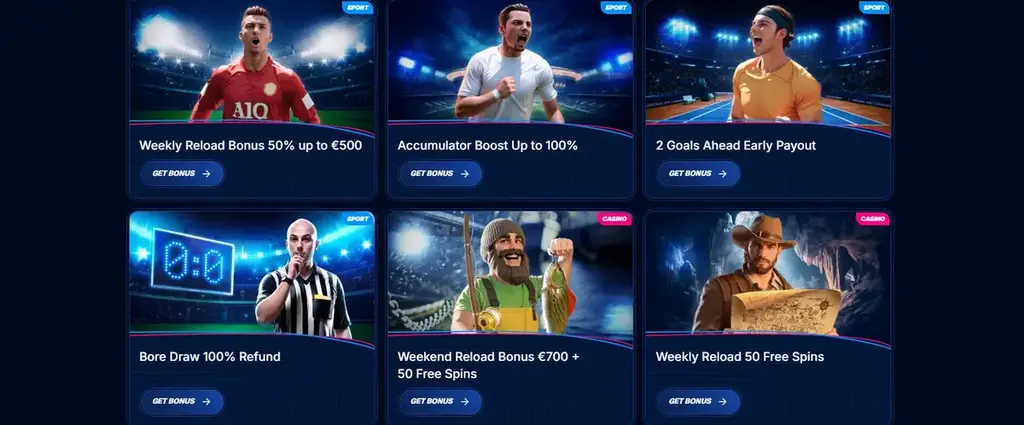 Boomerang Bet promotions including reload bonus, accumulator boost, and free spins