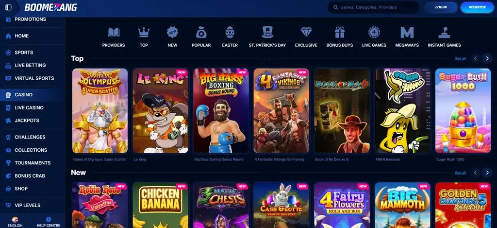 Boomerang Bet casino lobby with slots like Gates of Olympus and Sugar Rush